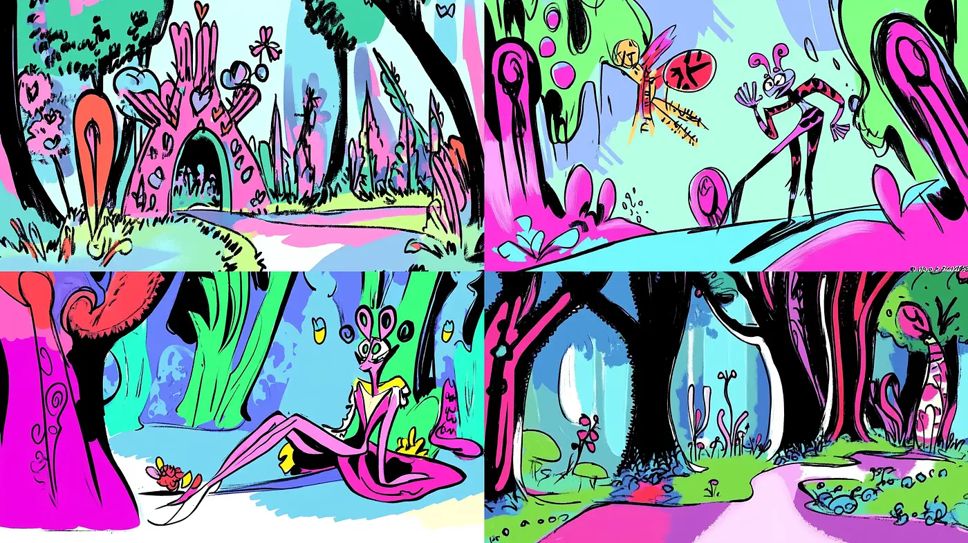 Whimsical Cartoon Dreamscape with Vivid, Surreal Hues - Midjourney sref style