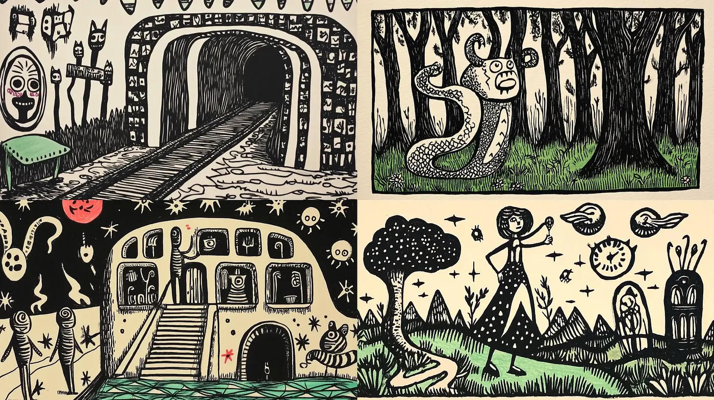 Whimsical Linework Fantasia with a Monochrome Palette - Midjourney sref style