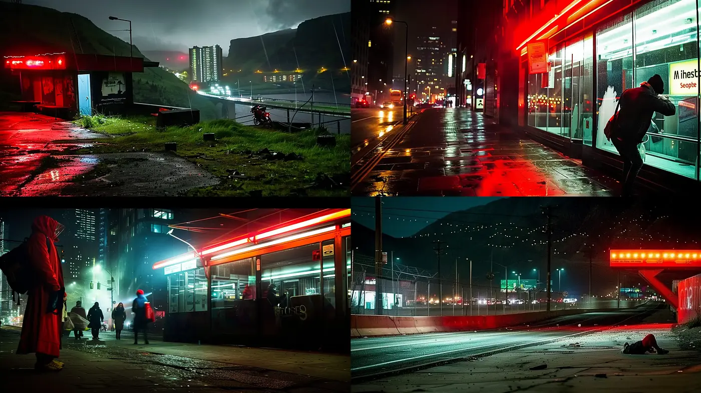 Neon Noir Nightscape: A Symphony of Urban Melancholy - Midjourney sref style