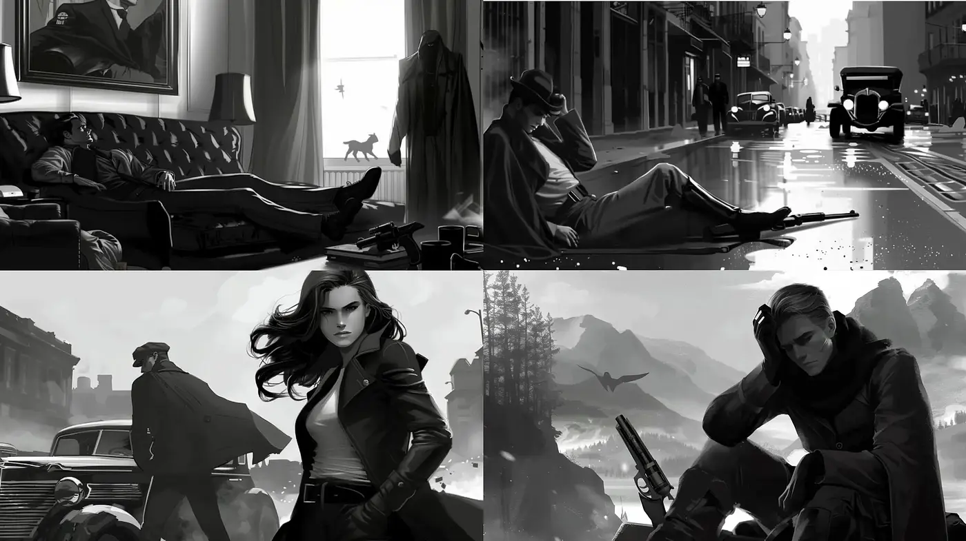 Noir-Inspired Monochromatic Cinematic Tableaus - Midjourney sref style