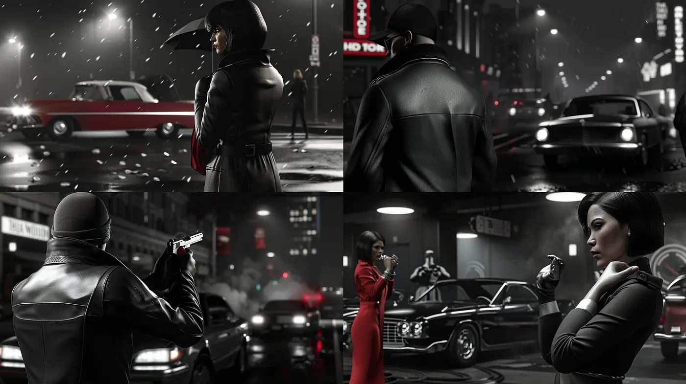 Monochromatic Noir with a Splash of Scarlet: An Homage to Classic Cinematography and Graphic Novels - Midjourney sref style