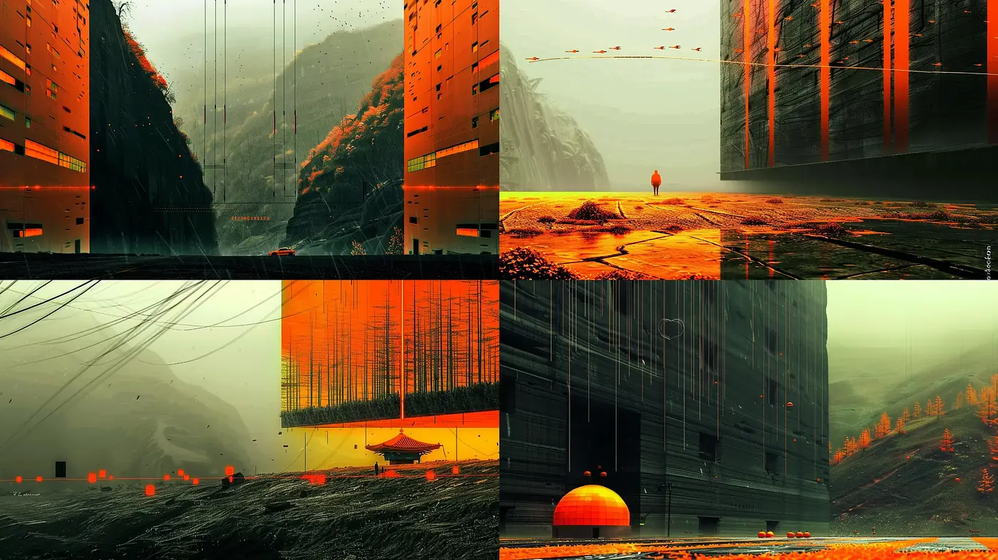 Dystopian Amber Hues: A Glimpse into a Melancholic Future - Midjourney sref style