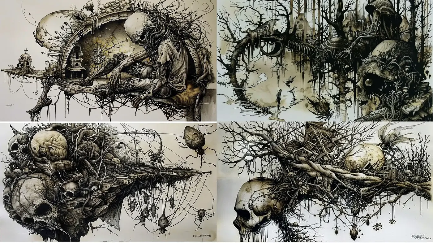 Surreal Gothic Dreamscape with Monochromatic Intricacy - Midjourney sref style
