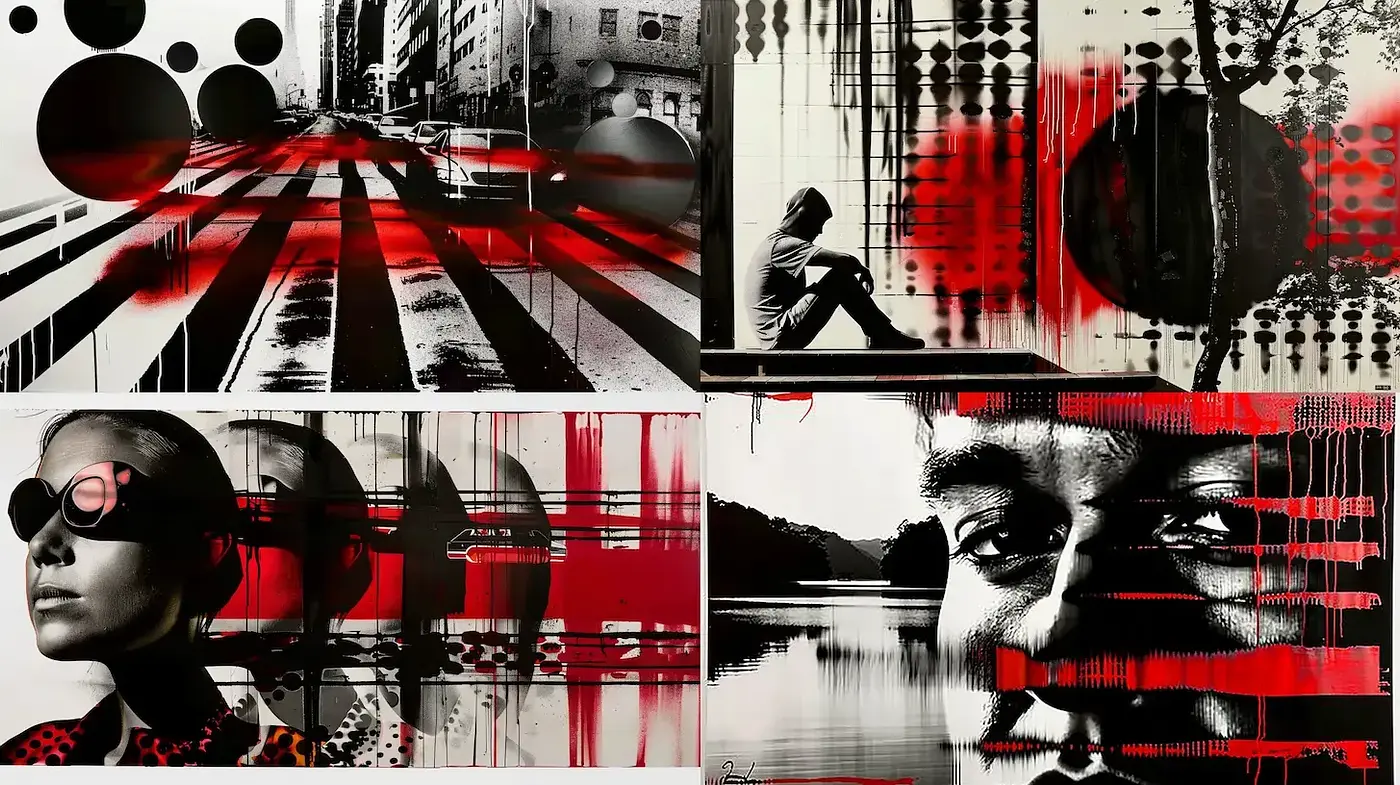 Striking Contrast in Urban Abstraction with Bold Color Elements - Midjourney sref style