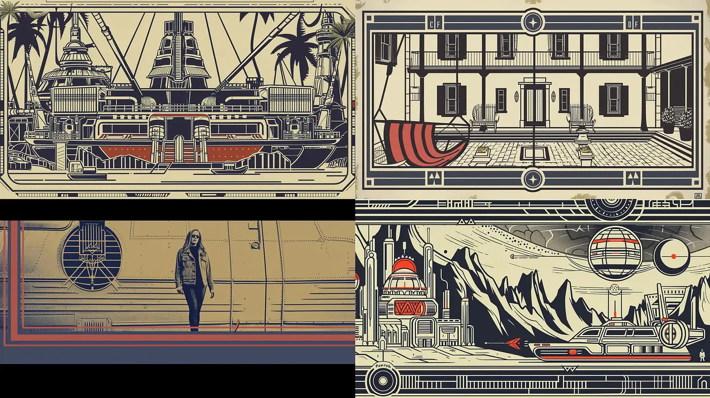 Retro-Futuristic Linear Aesthetics with Mono and Duotone Schemes - Midjourney sref style