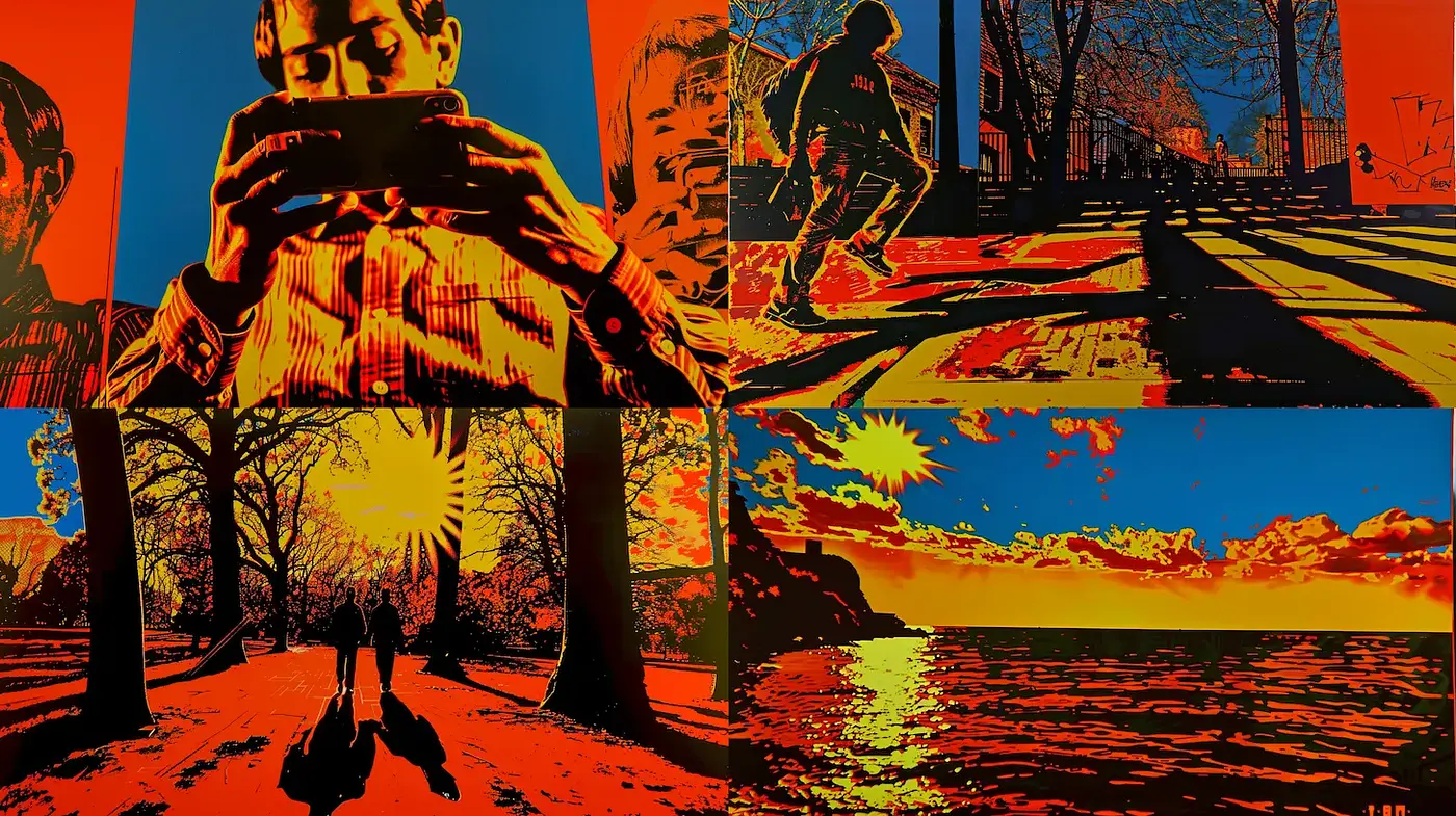 Vibrant, contrast-rich art with playful geometric shapes evoking motion and emotion - Midjourney sref style
