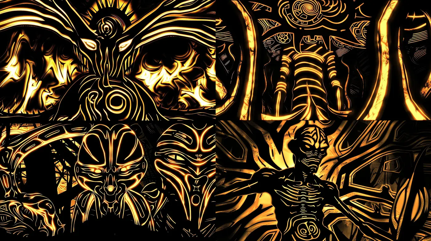 Luminous Nocturne: An Exploration in Monochromatic Gold and Black Textured Imagery - Midjourney sref style