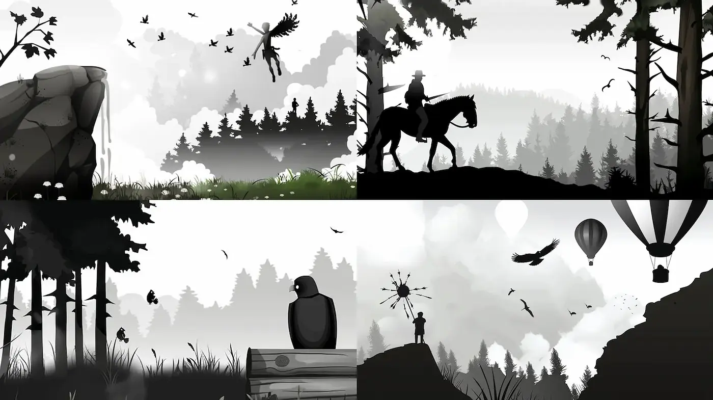Monochromatic Nature Scenes with Strong Silhouettes and Dynamic Elements - Midjourney sref style