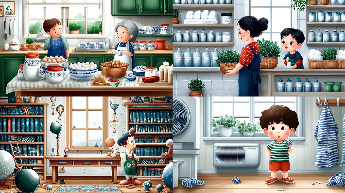 Charming and Whimsical Domestic Scenes in a Playful Illustrative Style - Midjourney sref style