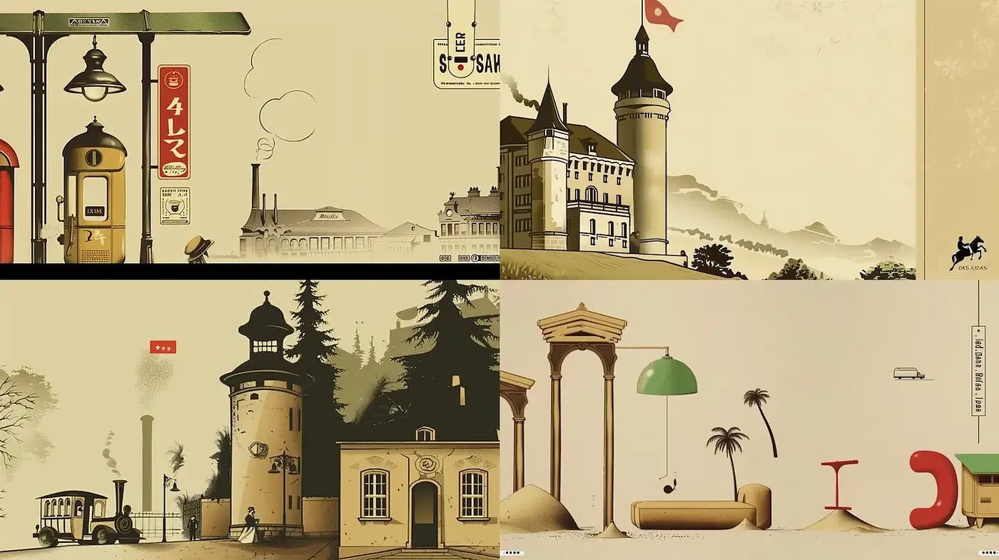 Stylized and Minimalist Architectural Illustrations with a Retro Aesthetic - Midjourney sref style