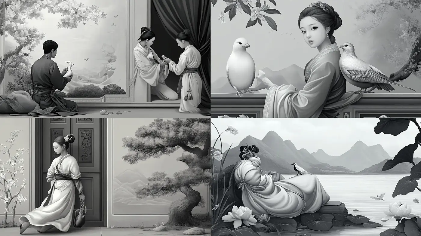 Monochromatic Serenity: A Harmonious Blend of East Asian Aesthetics and Greyscale Grace - Midjourney sref style