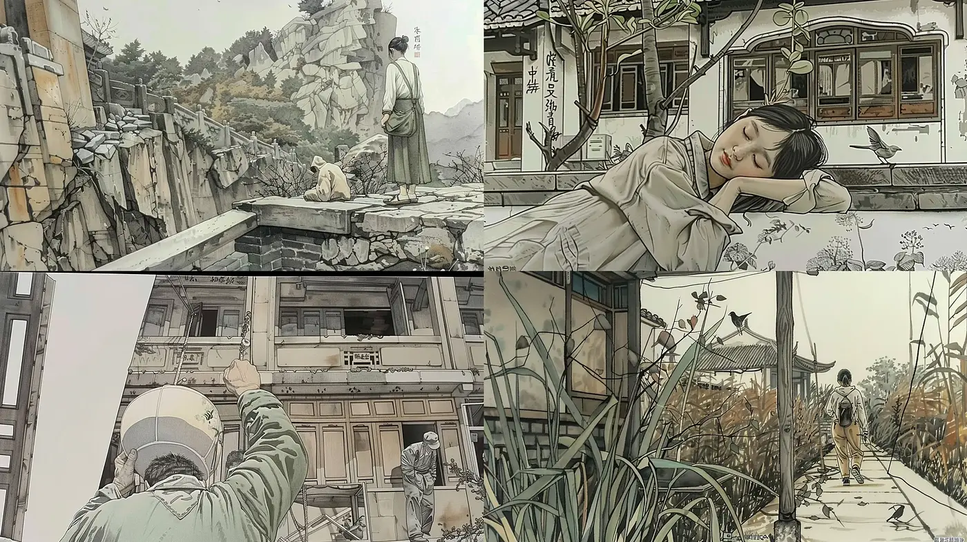 Ethereal Serenity in Sepia: A Timeless Fusion of East Asian Ink Wash and Contemporary Illustration - Midjourney sref style