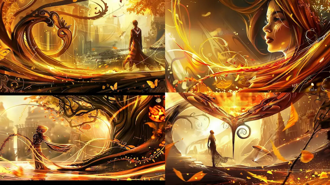 Luminous Autumnal Fantasy with Flowing Elements and Warm Light - Midjourney sref style