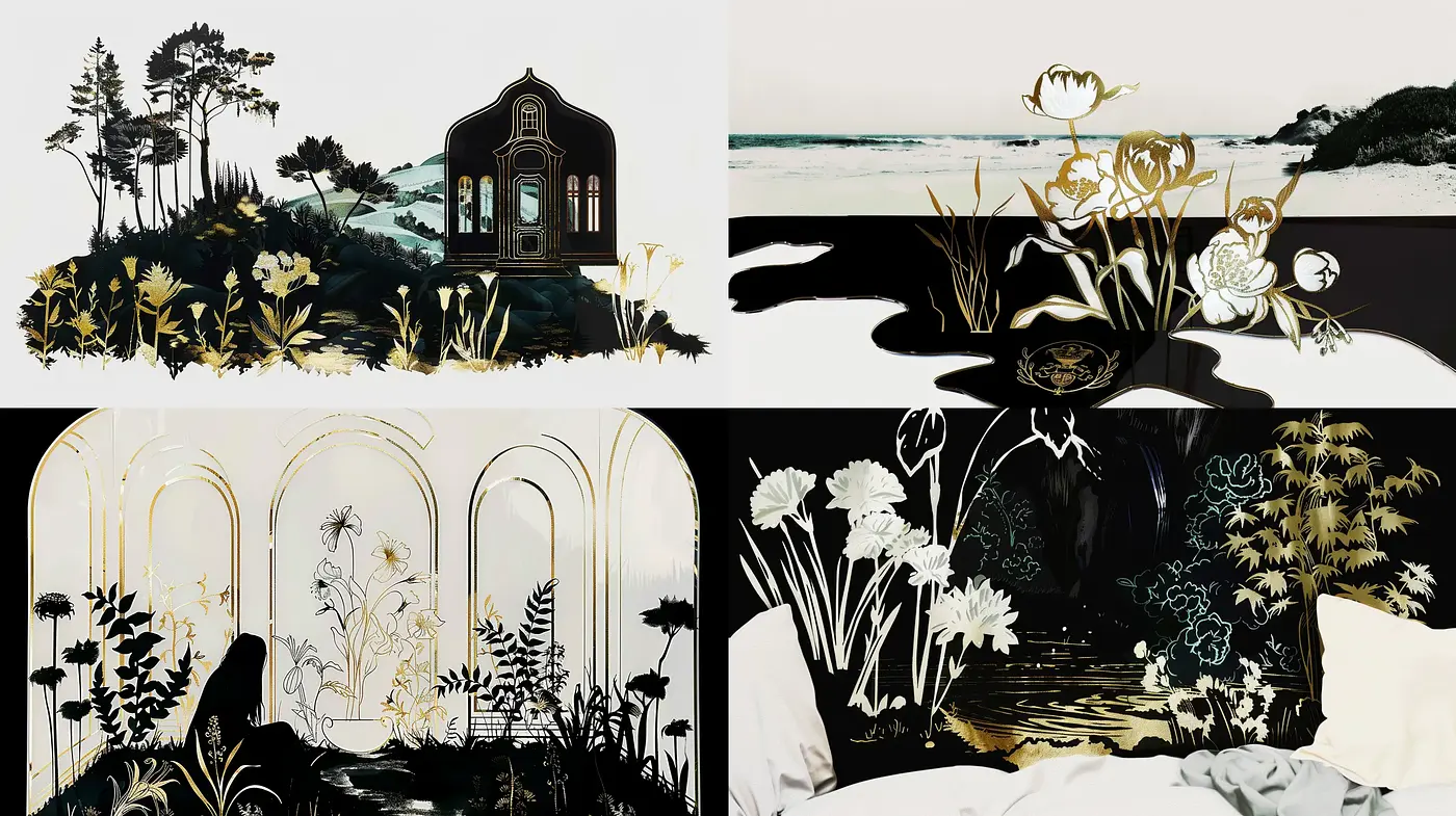 Elegant Noir Botanicals with Golden Accents - Midjourney sref style