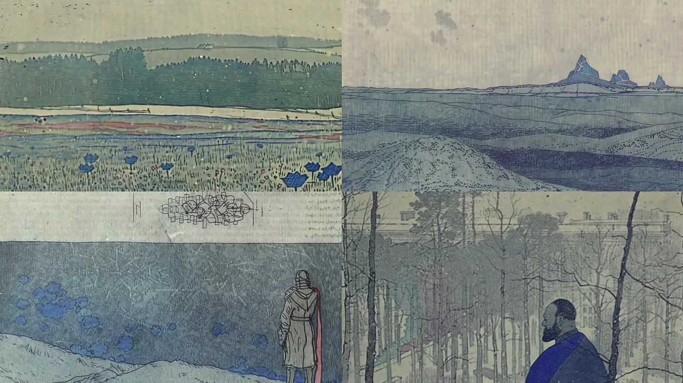Tranquil Meditative Landscapes with Delicate Line Art and Washed Color Tones - Midjourney sref style