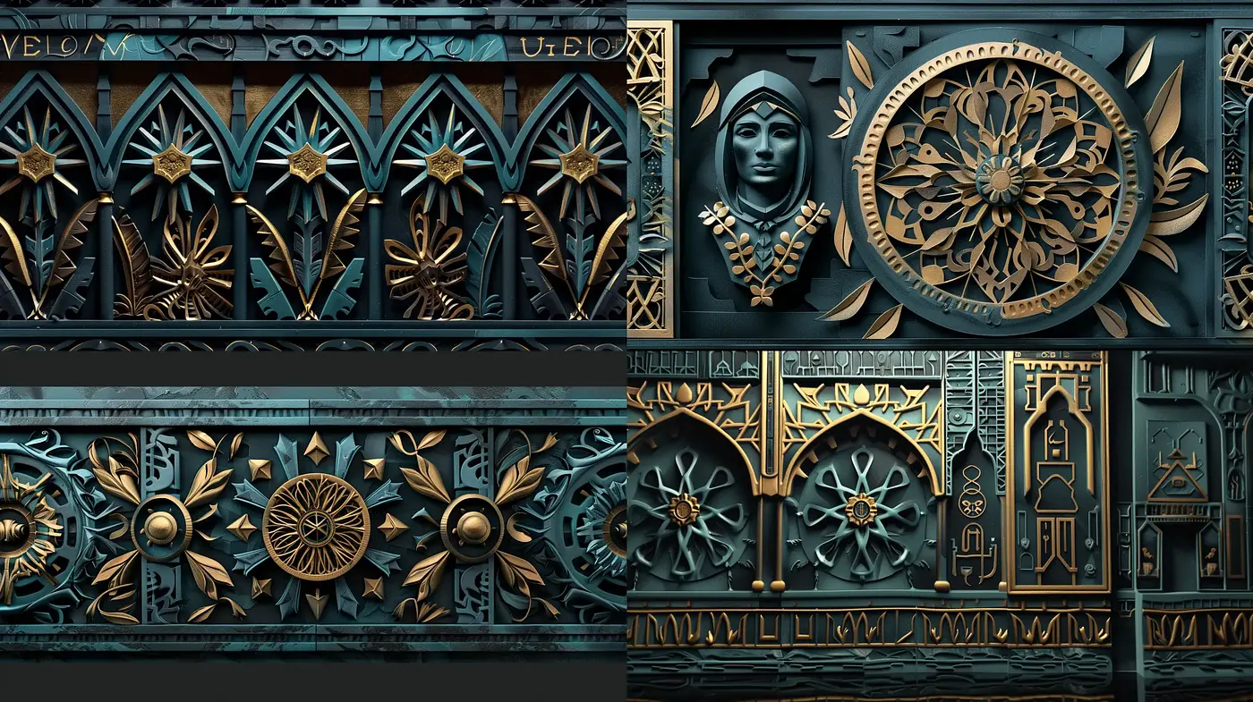 Ornate Metallic Reliefs: A Marriage of Ancient Craftsmanship and Futuristic Aesthetics - Midjourney sref style