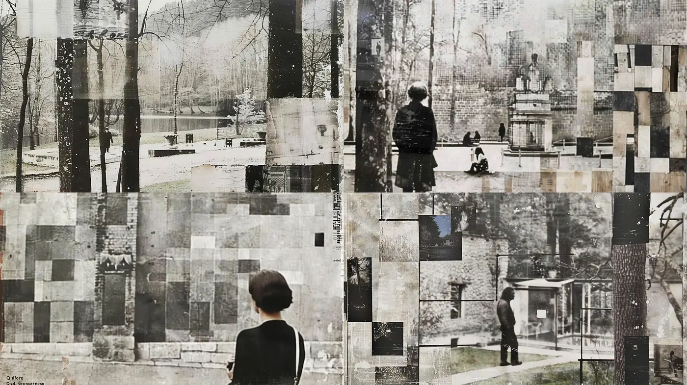 Fragmented Memory Mosaic: A Fusion of Monochrome and Disarray - Midjourney sref style