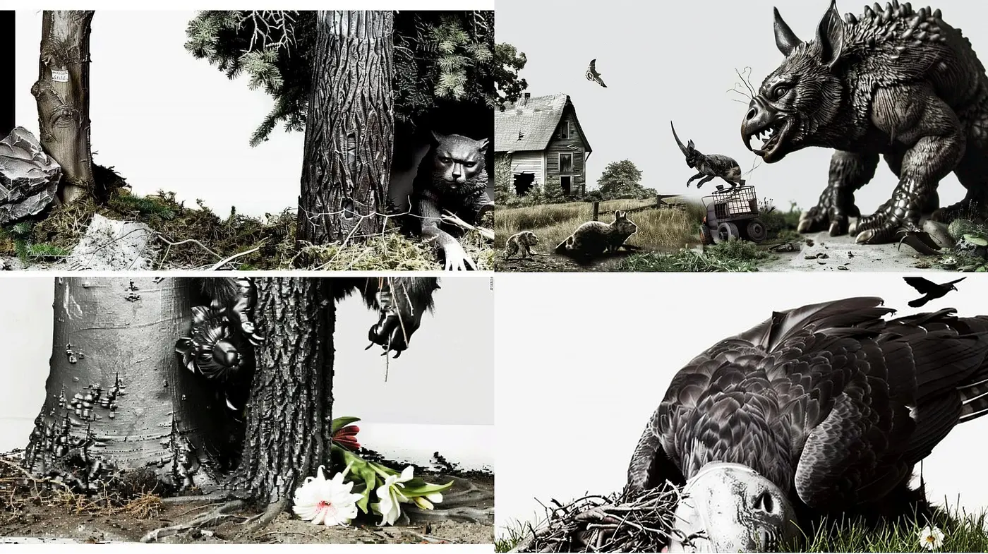Monochromatic Fantastical Realism with Surreal Elements - Midjourney sref style