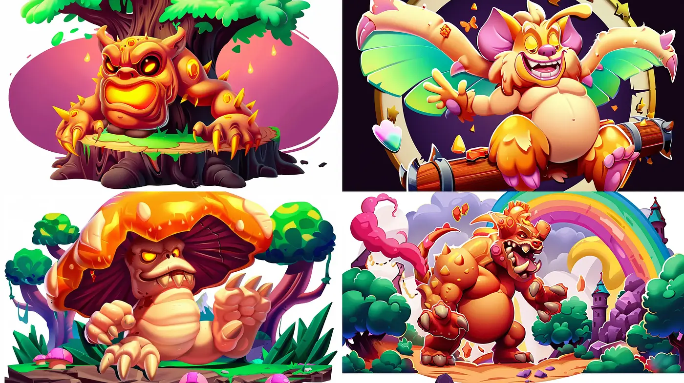 Vibrant Fantasy Creatures in Lush, Cartoonish Environments - Midjourney sref style