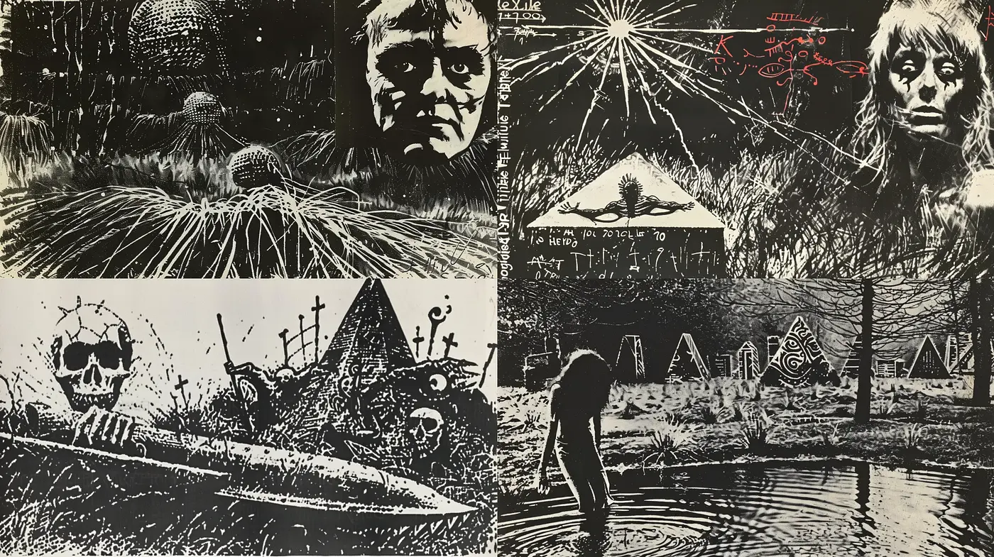 Gothic Noir Pen-and-Ink Illustration Ensemble - Midjourney sref style