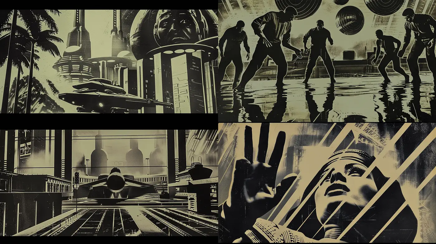 Noir-Inspired Futuristic Panorama with Neo-Gothic Overtones - Midjourney sref style