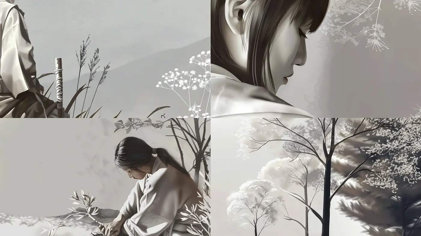 Monochromatic Serenity: A Harmonious Blend of Asian-Inspired Ink Wash and Realism - Midjourney sref style