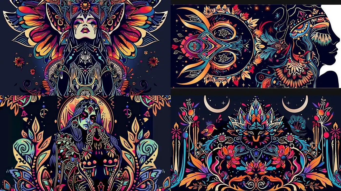 Psychedelic Elegance with Ethnic Serenity - Midjourney sref style