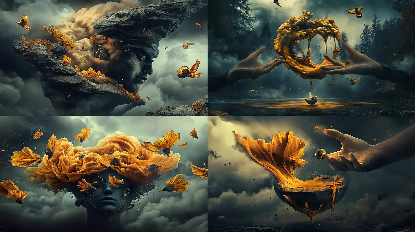 Surreal Dreamscapes with Golden Botanical Accents - Midjourney sref style