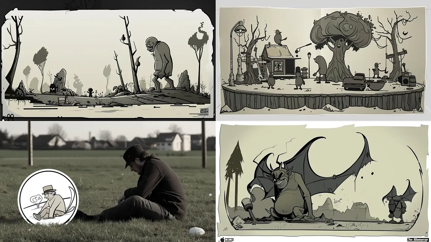 Monochromatic Storyboard Illustration - Midjourney sref style