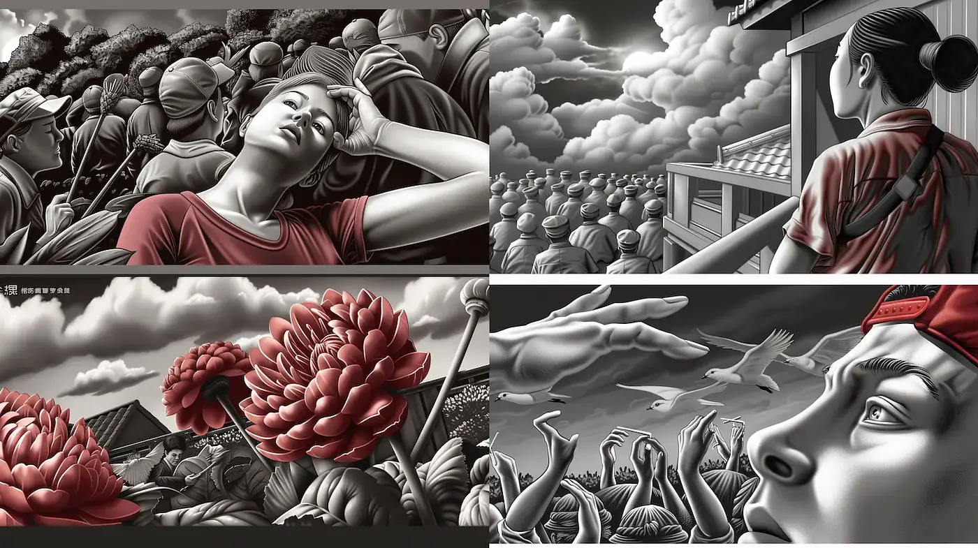 Dramatic and emotive monochrome expressionism with floral elements - Midjourney sref style