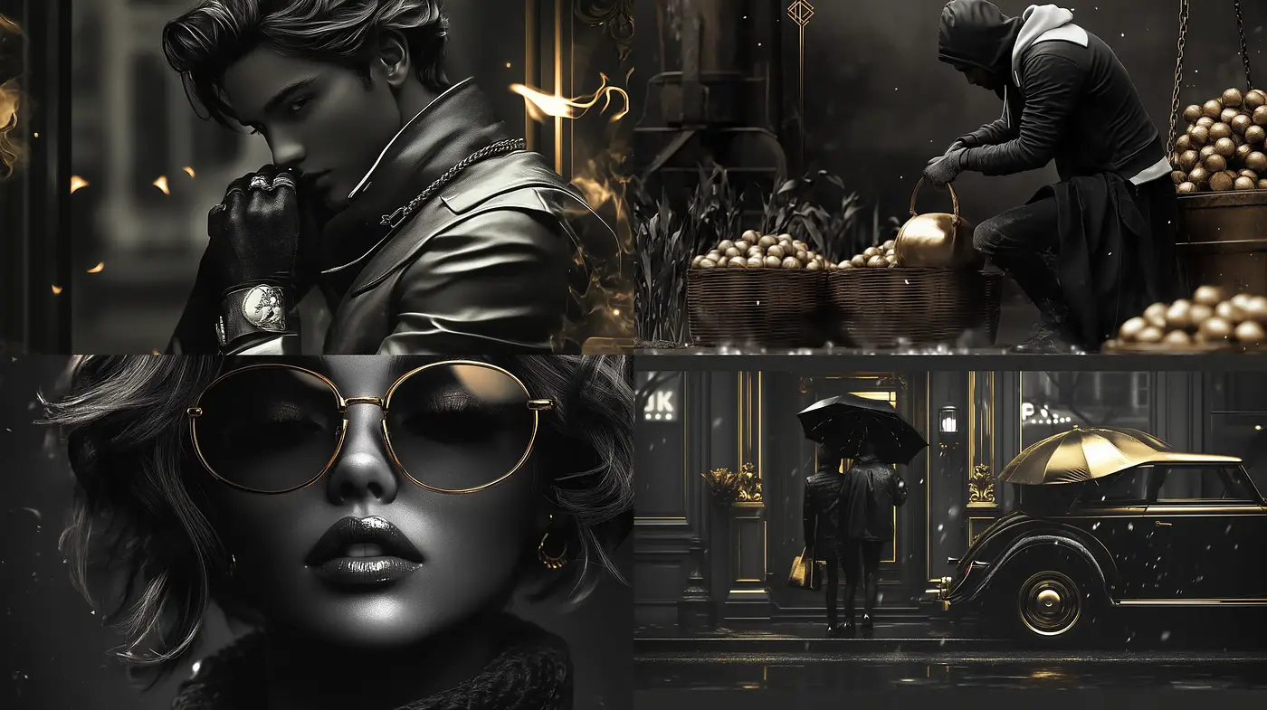 Noir-Inspired Monochromatic Elegance with Gilded Accents - Midjourney sref style