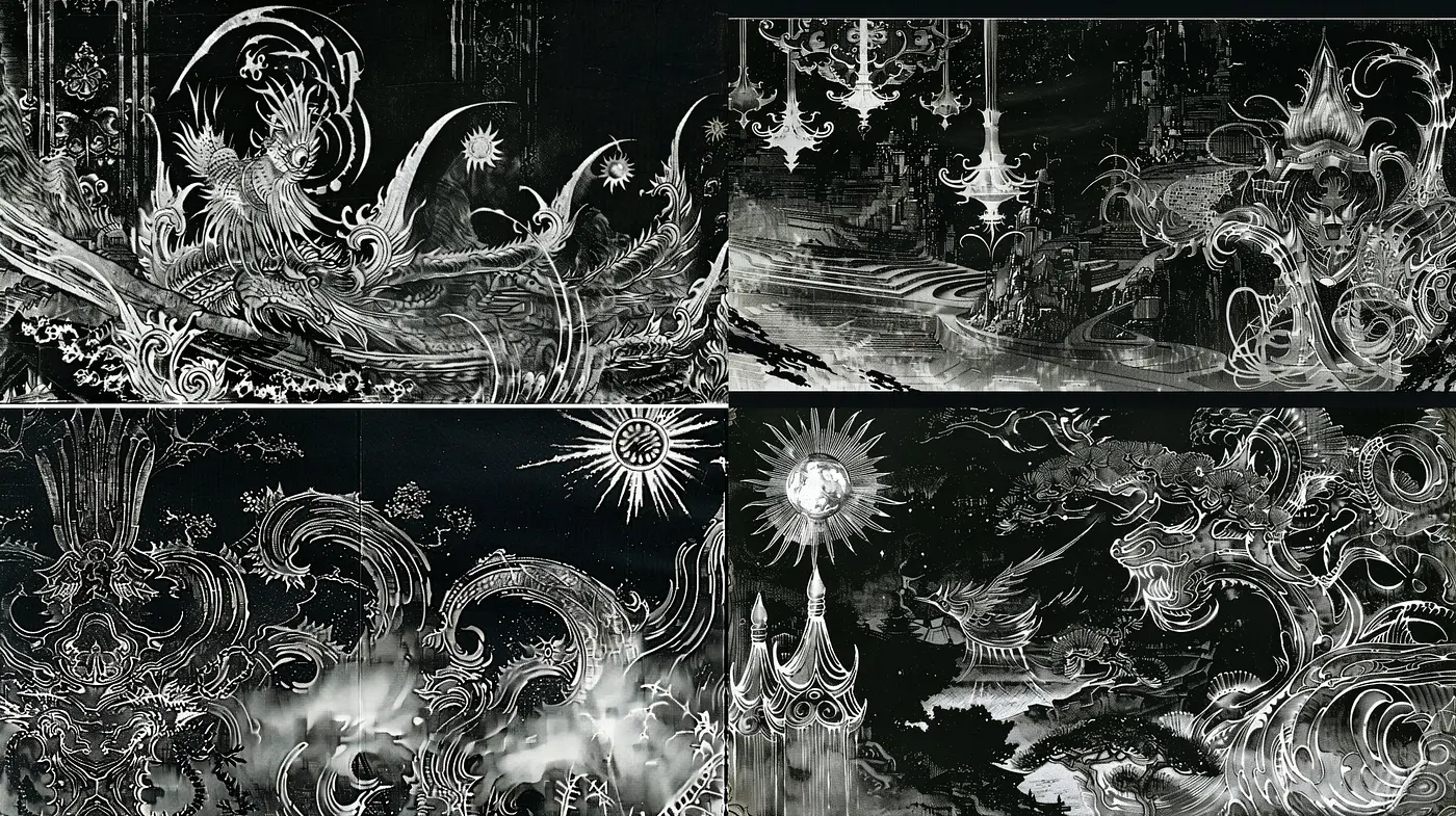 Monochromatic Dreamscape in Fluid Art Nouveau - Midjourney sref style