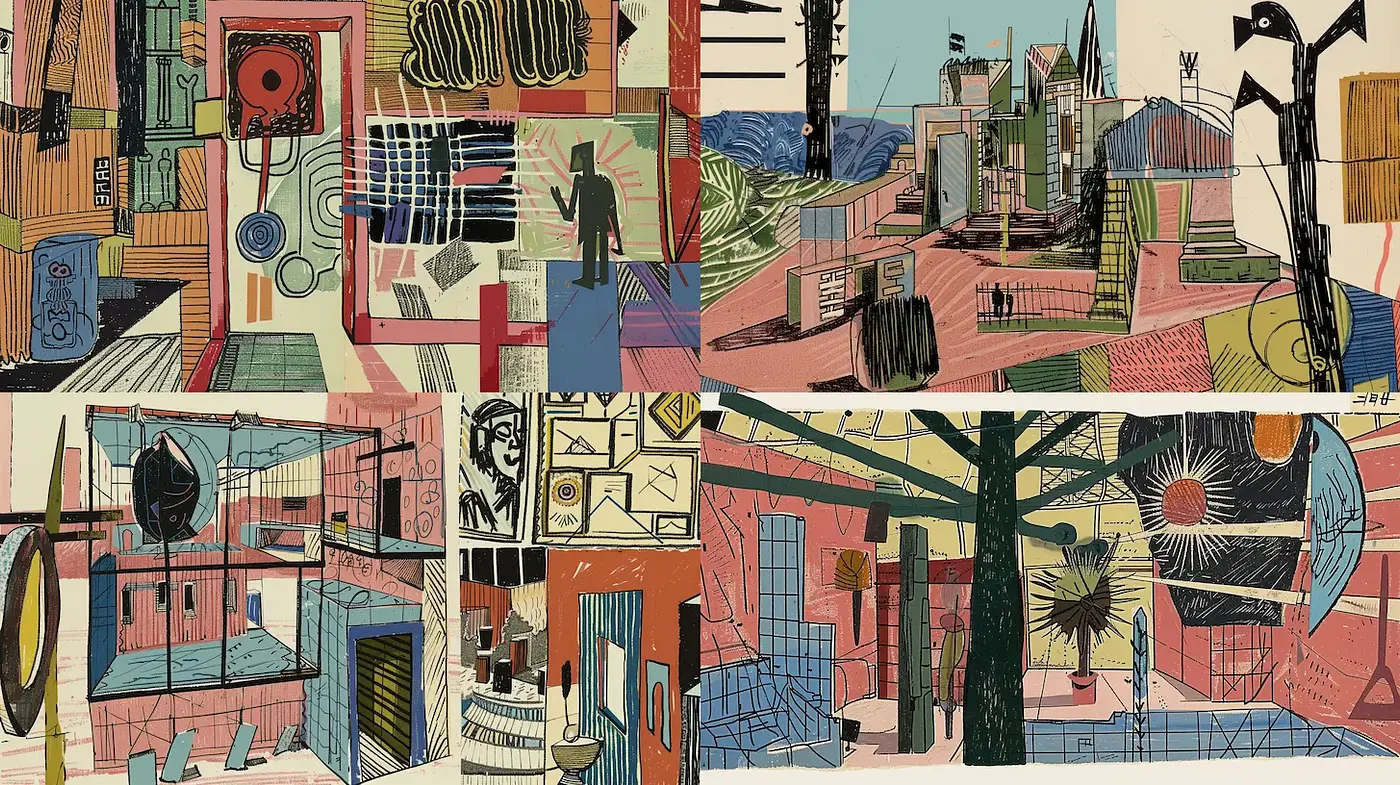 Abstract Mid-Century Modern Collage with Organic Shapes and Contrasting Textures - Midjourney sref style