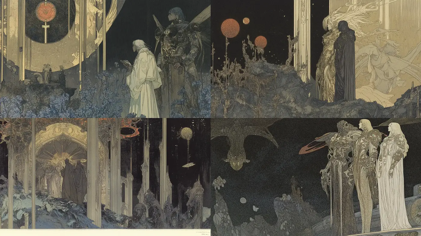 Ethereal Nocturnal Elegance Reflected in Art Nouveau Silhouettes - Midjourney sref style