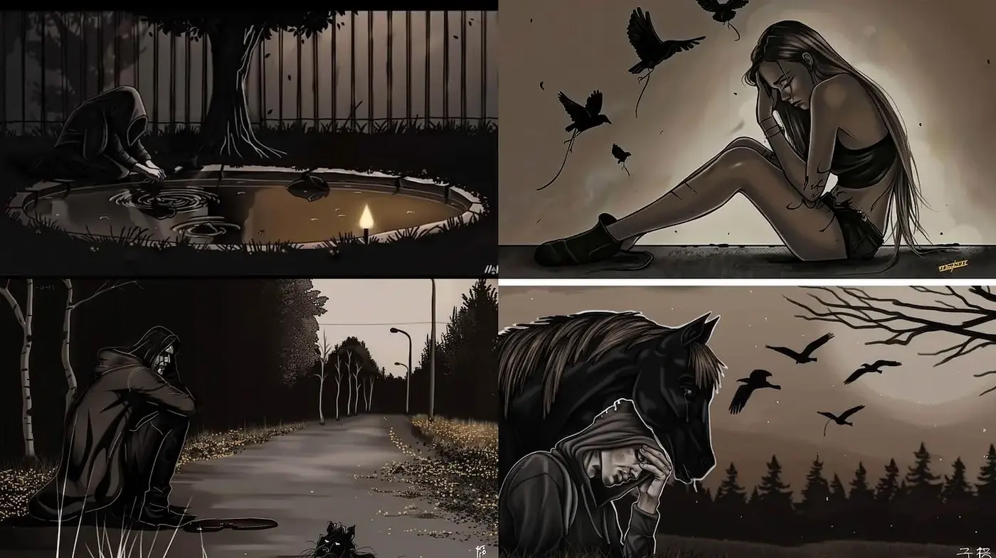 Deeply Evocative Noir Illustration with Emotional Undertones and Textural Depth - Midjourney sref style