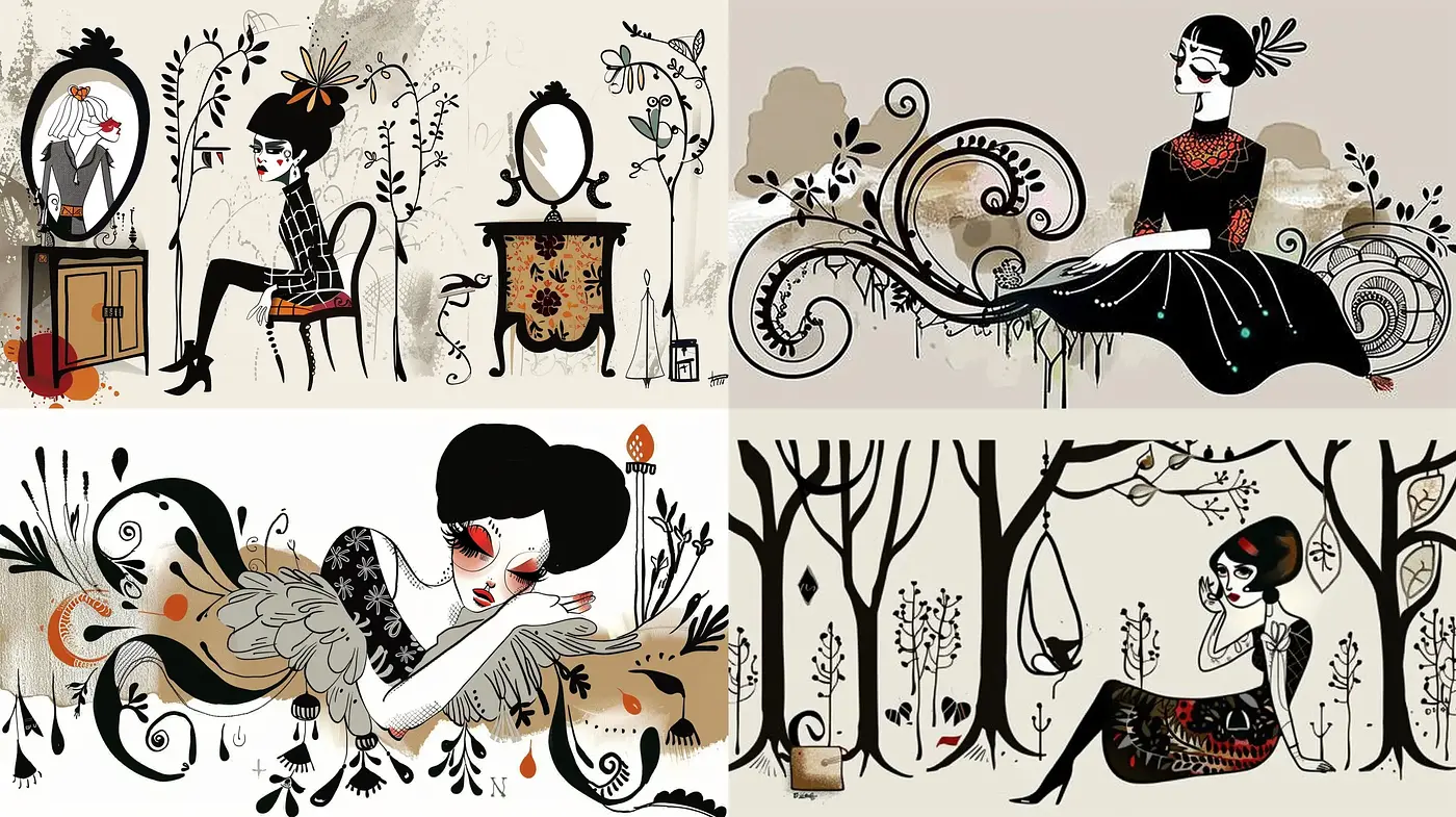Whimsical Elegance in Sepia Notes: A Fusion of Art Nouveau and Modern Stylization - Midjourney sref style