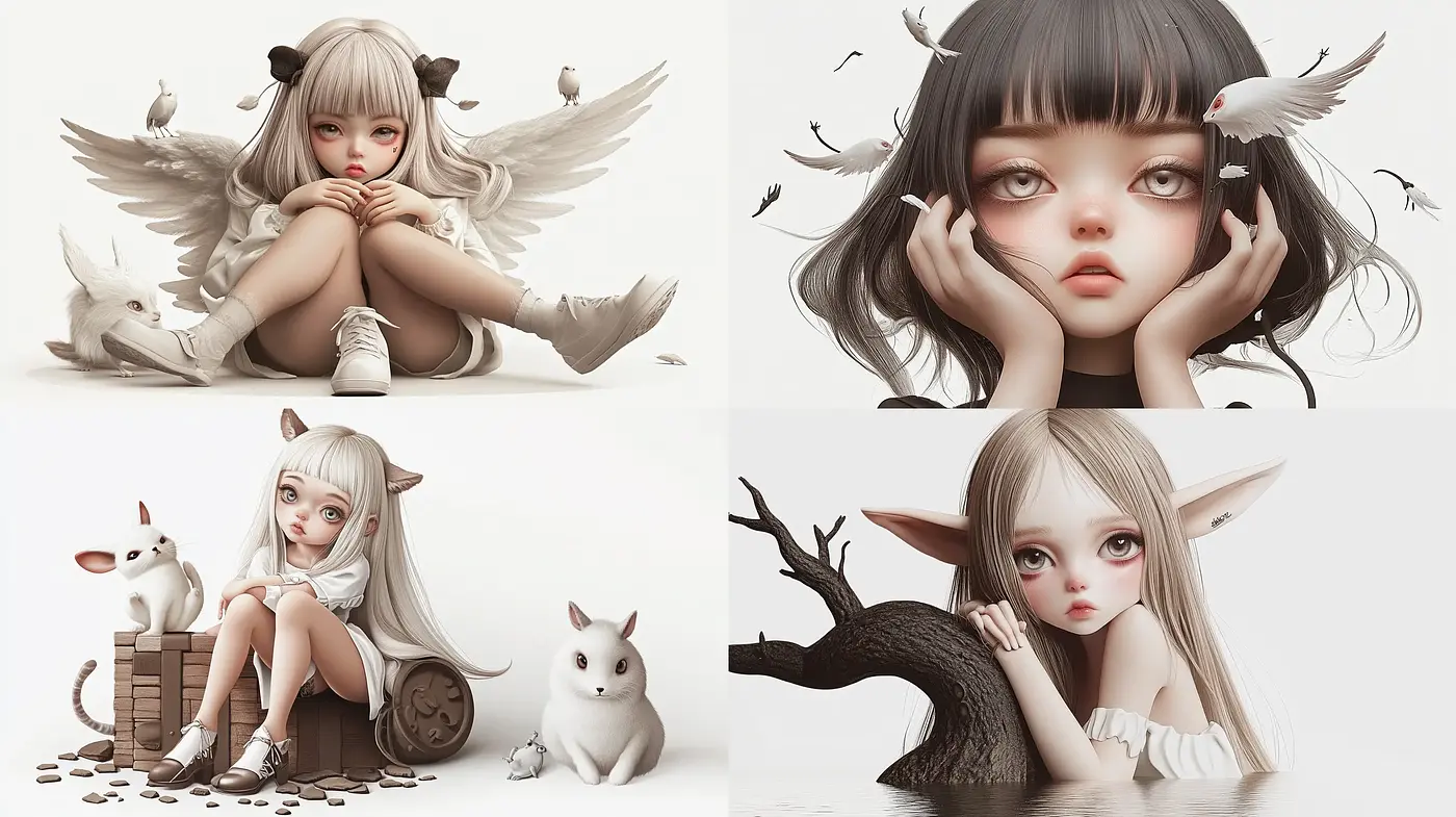 Ethereal Monochrome Dreamscape with Surreal Companions - Midjourney sref style