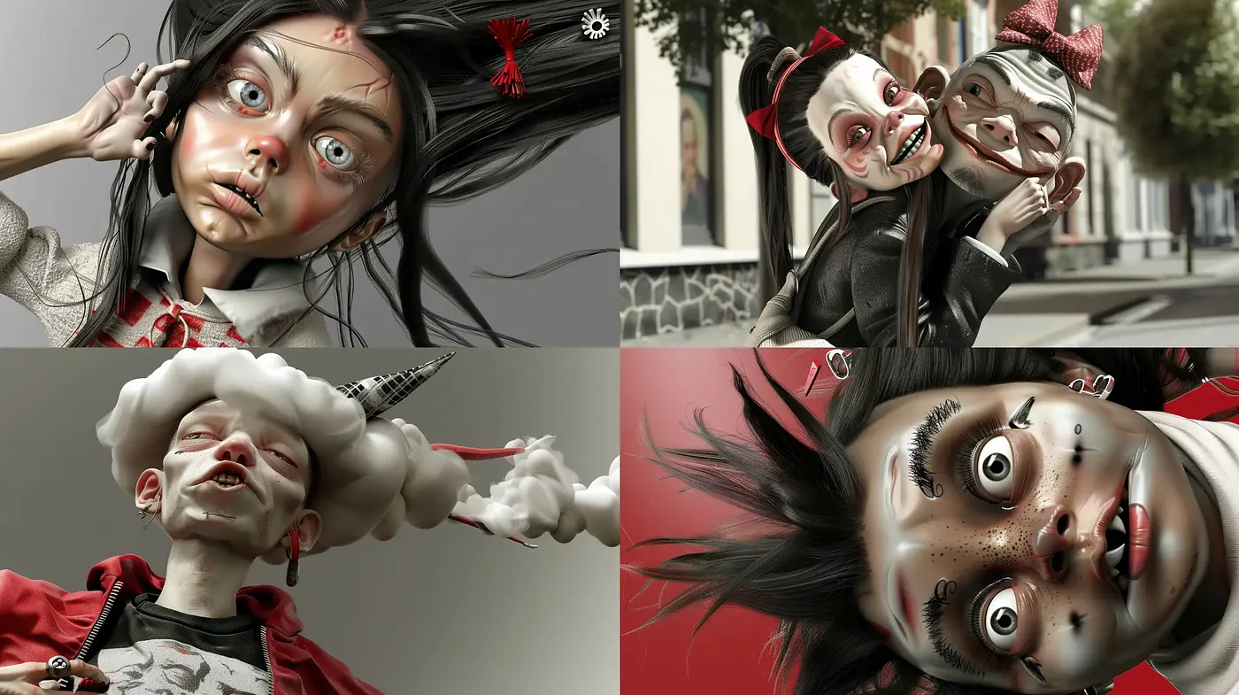 Macabre Whimsy: An Unsettling Fusion of Grotesque and Playful Imagery - Midjourney sref style