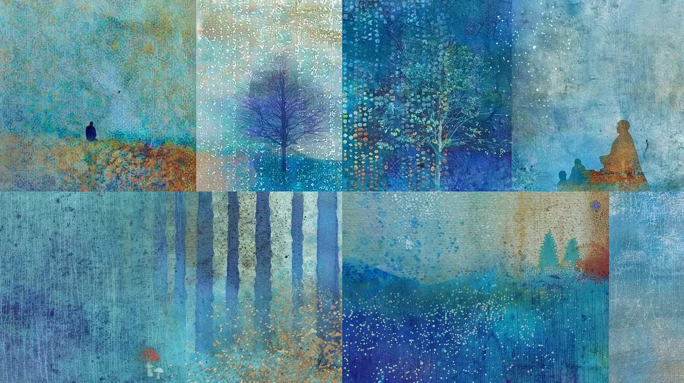 Ethereal Blue Dreamscape: A Tranquil Blend of Impressionistic Textures and Stardust Speckles - Midjourney sref style