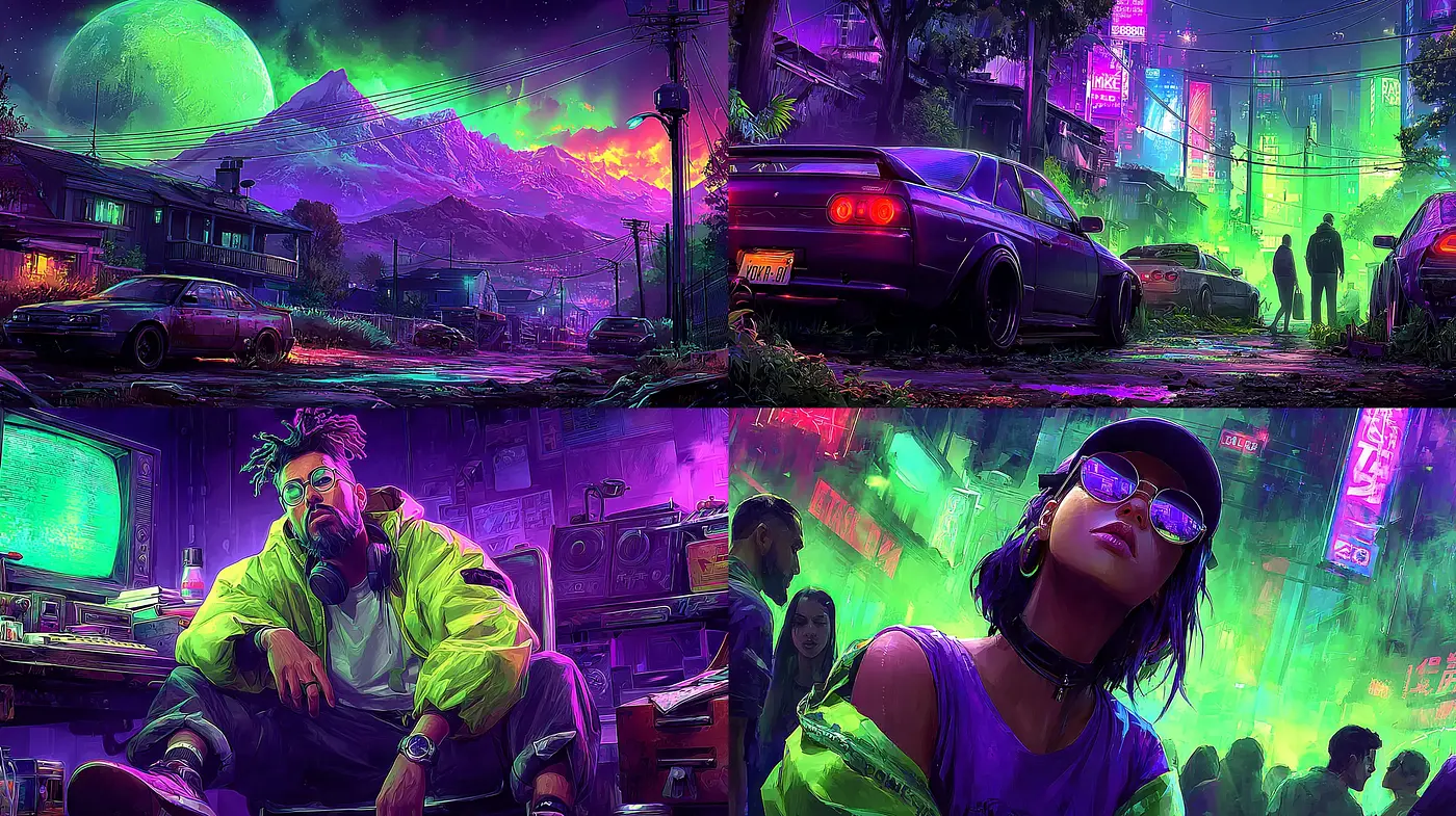 Vibrant Neon Cyberpunk Aesthetic with Retro Elements - Midjourney sref style