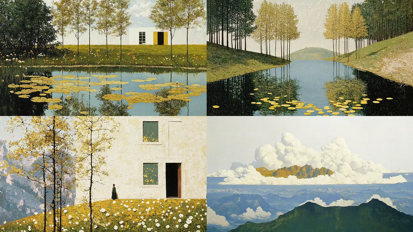 Serene Reflections of Nature in Stylized Realism - Midjourney sref style