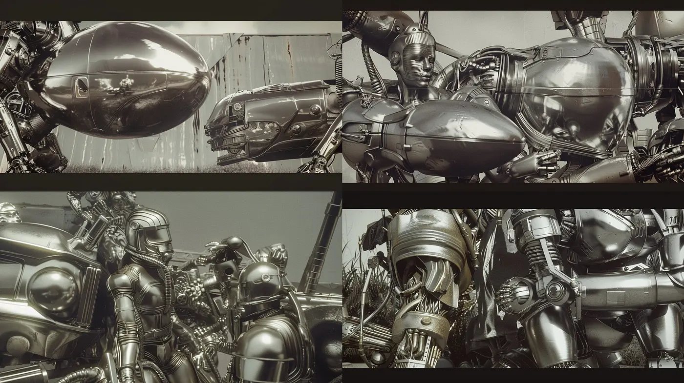 Monochrome Mecha: An Exploration of Chrome and Shadow in Mechanical Art - Midjourney sref style
