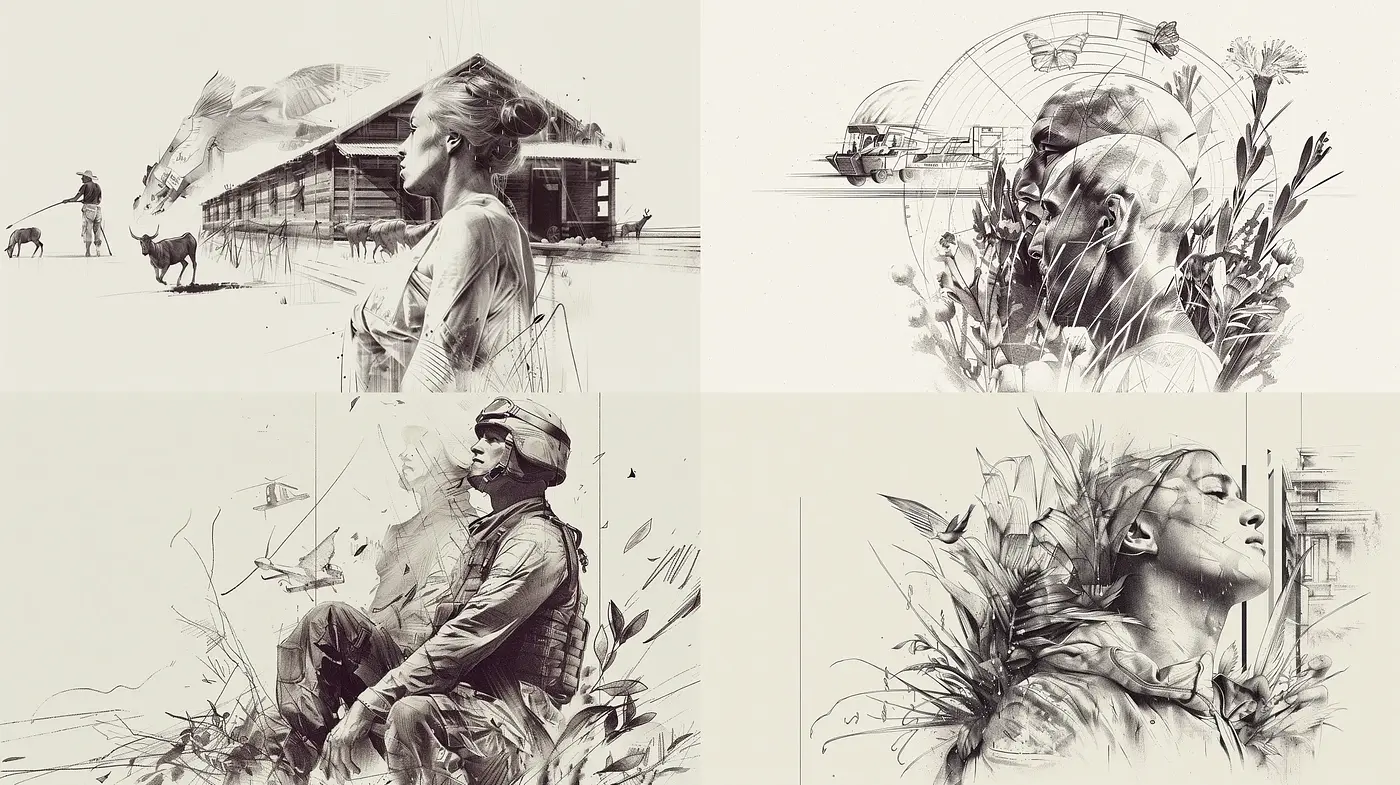 Sepia-Toned Sketches Blending Nature and Human Forms in Surreal Harmony - Midjourney sref style