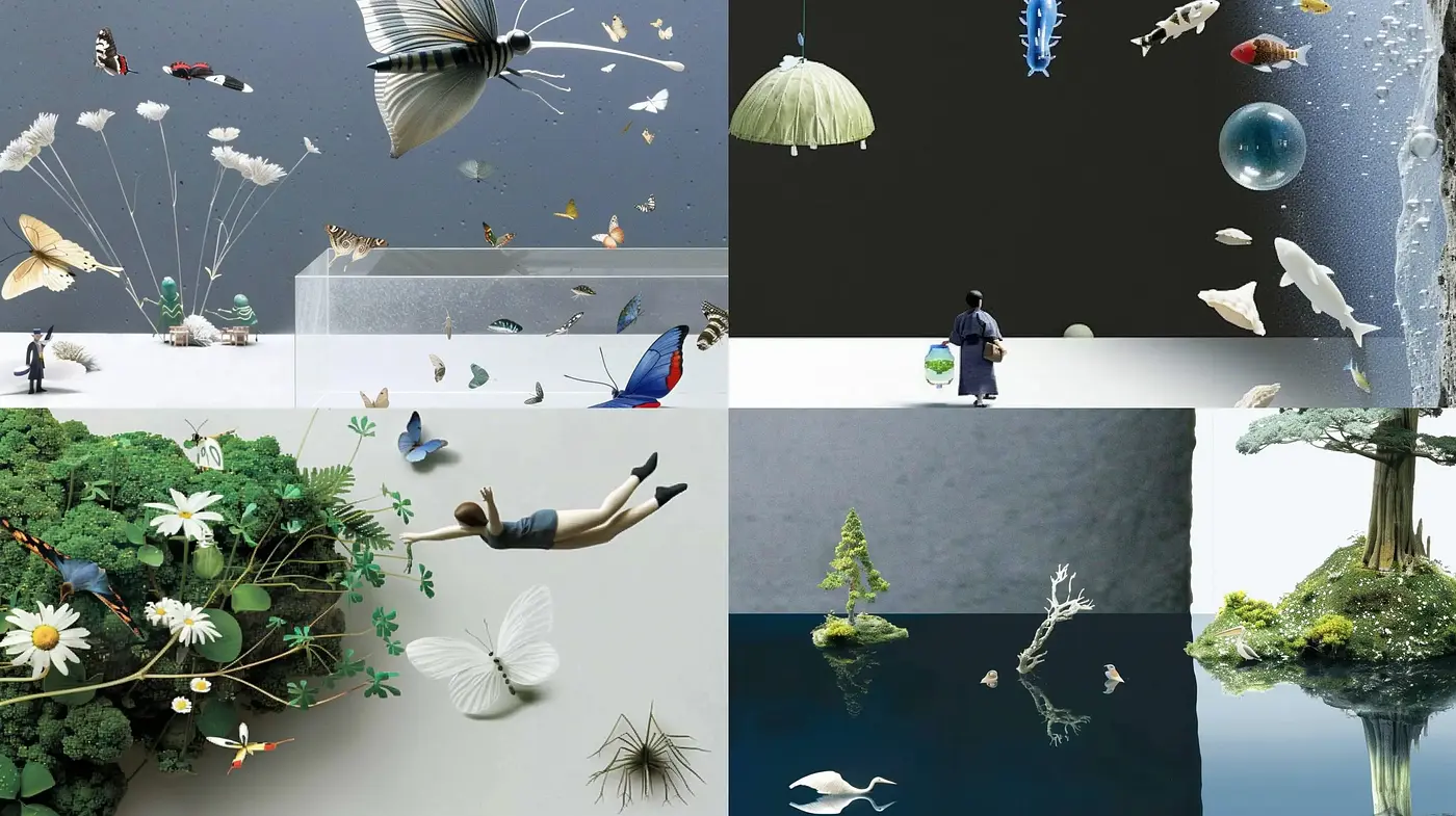 Surrealistic Natural Montage with Dreamlike Tranquility - Midjourney sref style
