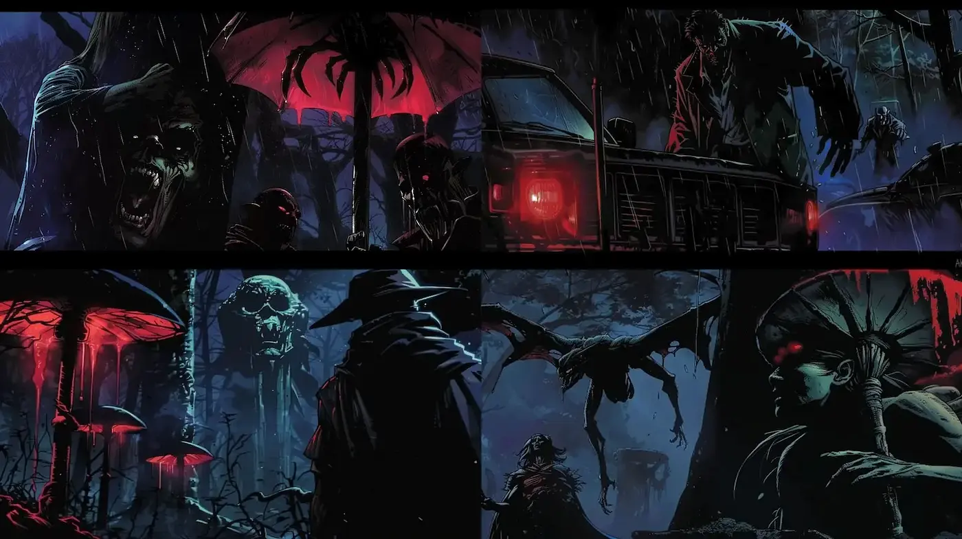 Dark Atmospheric Horror with Surreal Elements and Vibrant Contrasts - Midjourney sref style