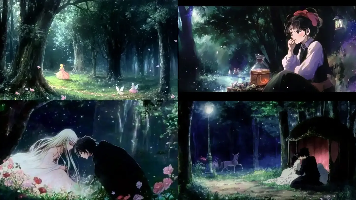 Enchanted Nocturnal Forest: A Tapestry of Luminous Anime-Inspired Tranquility - Midjourney sref style