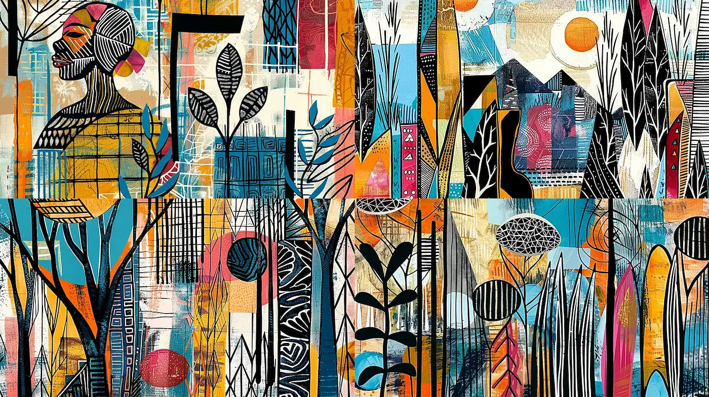 Vibrant and Eclectic Mixed-Media Art with Bold Geometric and Organic Forms - Midjourney sref style