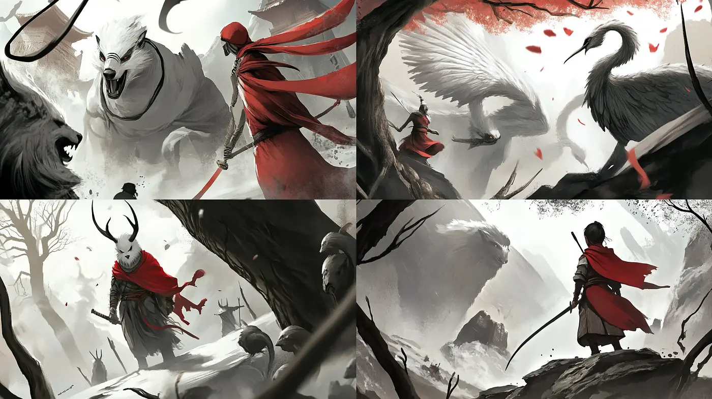 Ethereal Monochromatic Fantasia with Vivid Red Accents - Midjourney sref style