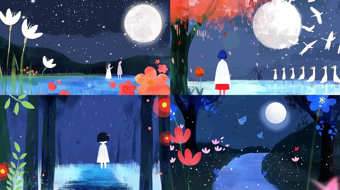 Whimsical Moonlight Serenity in Stylized Nature - Midjourney sref style