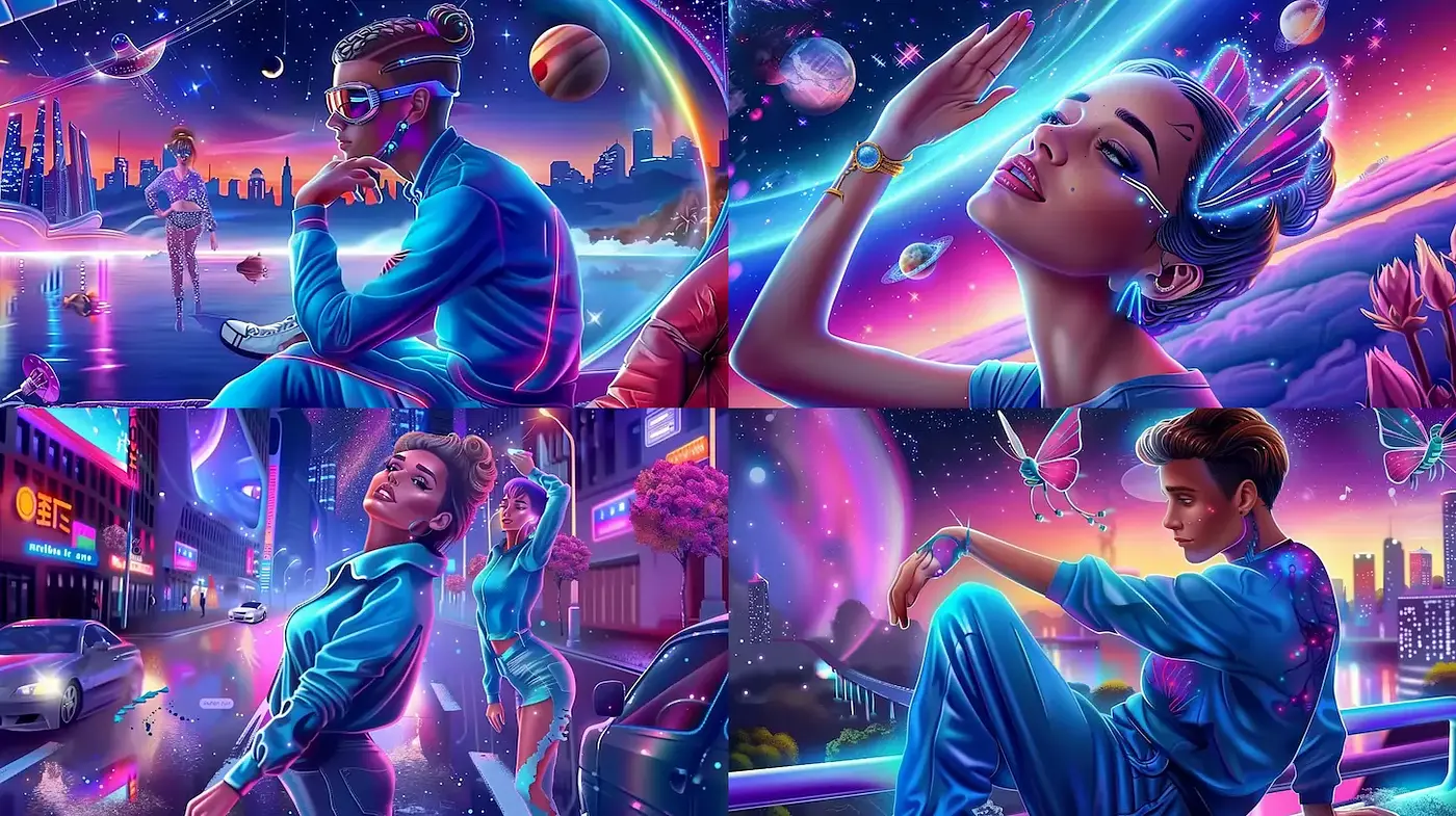 Vibrant Neon Futuristic Aesthetic with Cosmic Themes - Midjourney sref style